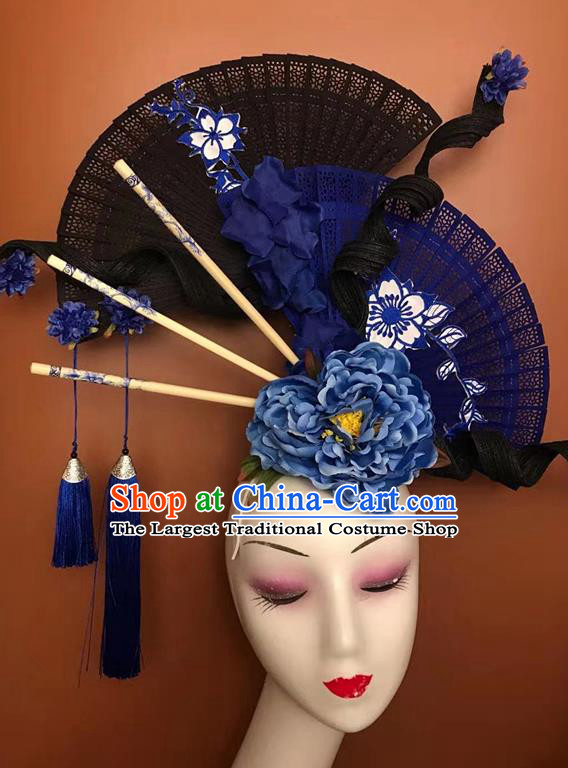China Stage Show Folding Fan Hair Crown Court Black Peony Hair Clasp Qipao Catwalks Tassel Headdress Handmade Bride Fashion Headwear