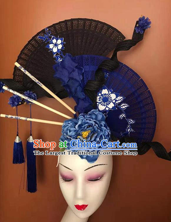 China Stage Show Folding Fan Hair Crown Court Black Peony Hair Clasp Qipao Catwalks Tassel Headdress Handmade Bride Fashion Headwear