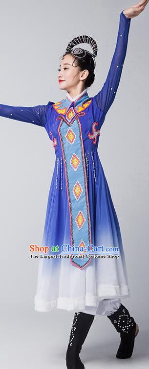 China Mongolian Nationality Folk Dance Clothing Mongol Ethnic Stage Performance Garments Evenki Dance Blue Dress
