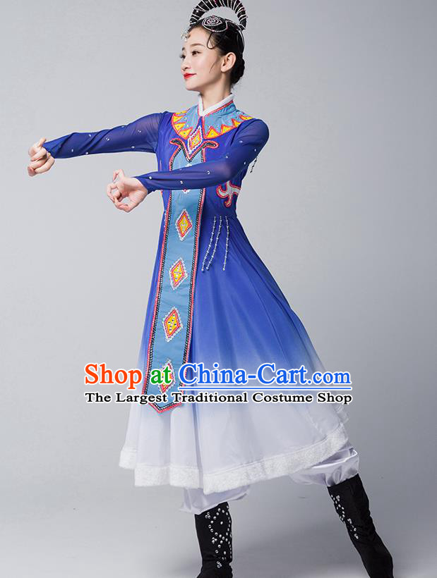 China Mongolian Nationality Folk Dance Clothing Mongol Ethnic Stage Performance Garments Evenki Dance Blue Dress