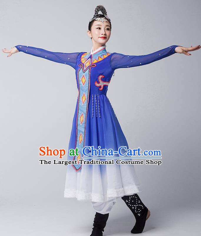 China Mongolian Nationality Folk Dance Clothing Mongol Ethnic Stage Performance Garments Evenki Dance Blue Dress