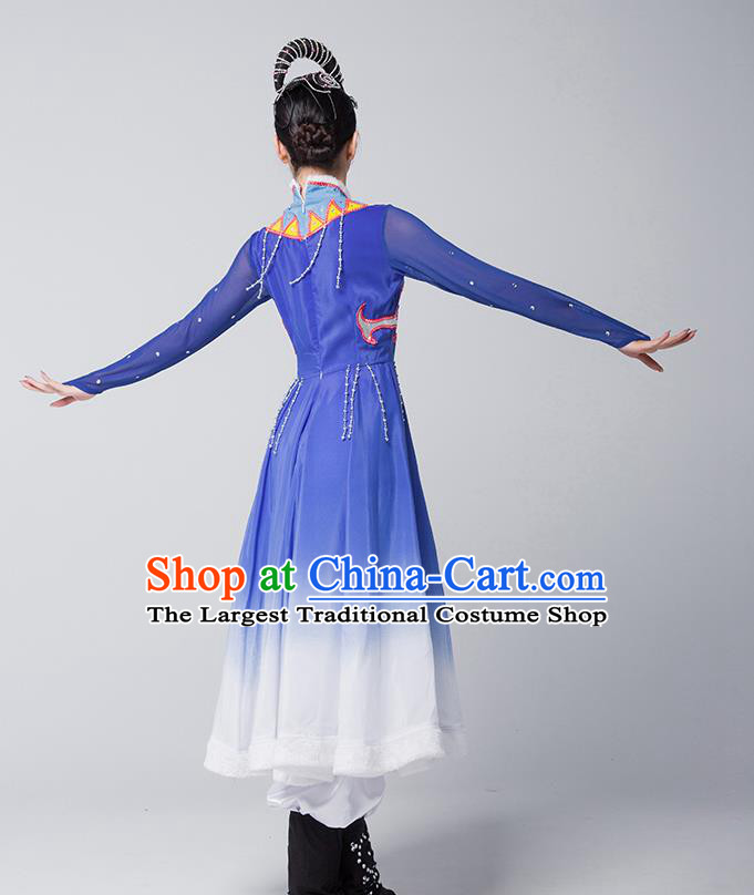 China Mongolian Nationality Folk Dance Clothing Mongol Ethnic Stage Performance Garments Evenki Dance Blue Dress