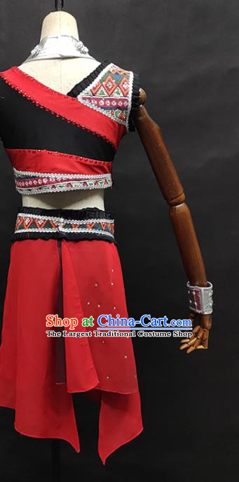 China Wa Nationality Dance Clothing Xiangxi Ethnic Stage Performance Garments Minority Folk Dance Red Dress