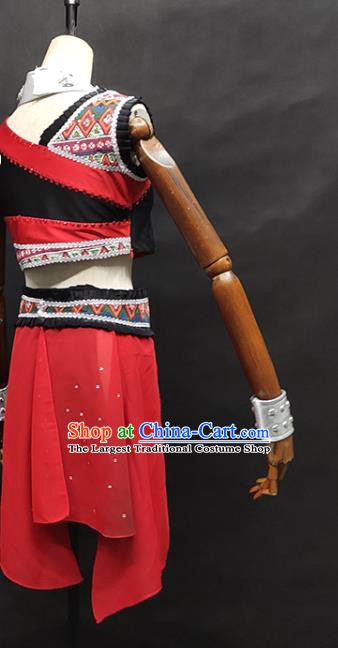 China Wa Nationality Dance Clothing Xiangxi Ethnic Stage Performance Garments Minority Folk Dance Red Dress