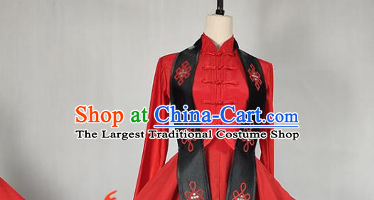 China Ethnic Female Dance Garments Mongolian Minority Folk Dance Red Dress Mongol Nationality Stage Performance Clothing