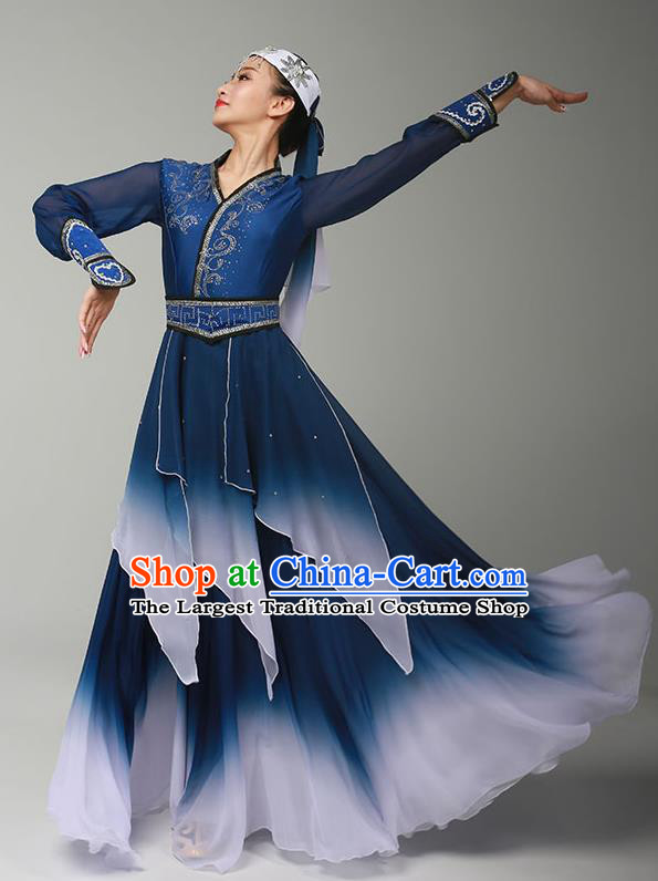 China Mongolian Ethnic Stage Performance Garments Minority Folk Dance Navy Dress Mongol Nationality Dance Clothing