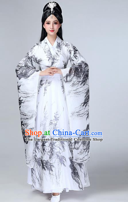 Top Chinese Woman Umbrella Dance Garment Costume Traditional Stage Performance Clothing Classical Dance Ink Painting Bamboo White Dress