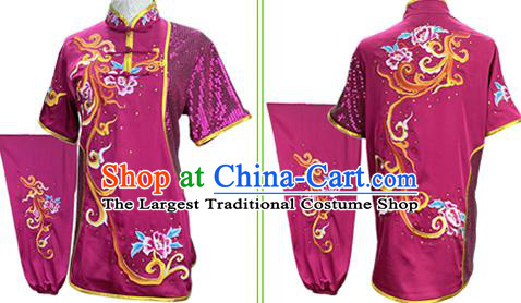 Chinese Kung Fu Garment Costumes Martial Arts Embroidered Peony Purple Outfits Wushu Competition Clothing
