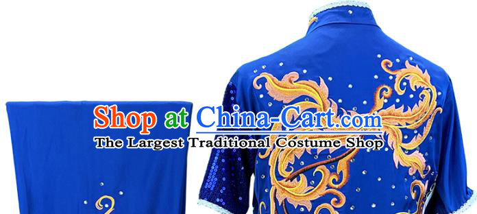 Chinese Kung Fu Training Garment Costumes Martial Arts Wushu Embroidered Royalblue Sequins Outfits Kungfu Competition Clothing