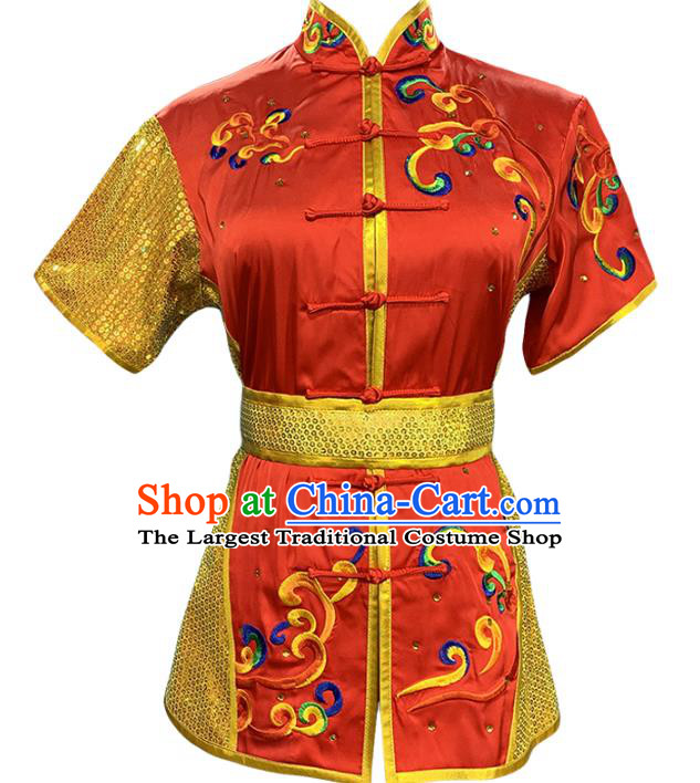 Chinese Martial Arts Wushu Embroidered Red Outfits Kungfu Competition Clothing Kung Fu Training Garment Costumes