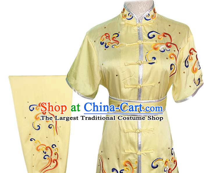 Chinese Kung Fu Training Garment Costumes Martial Arts Wushu Embroidered Yellow Outfits Kungfu Competition Clothing