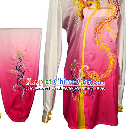 Chinese Kungfu Competition Long Sleeve Clothing Kung Fu Training Garment Costumes Martial Arts Wushu Embroidered Phoenix Rosy Outfits