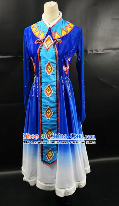 China Ewenki Nationality Stage Performance Clothing Ethnic Female Dance Garments Xinjiang Minority Folk Dance Blue Dress