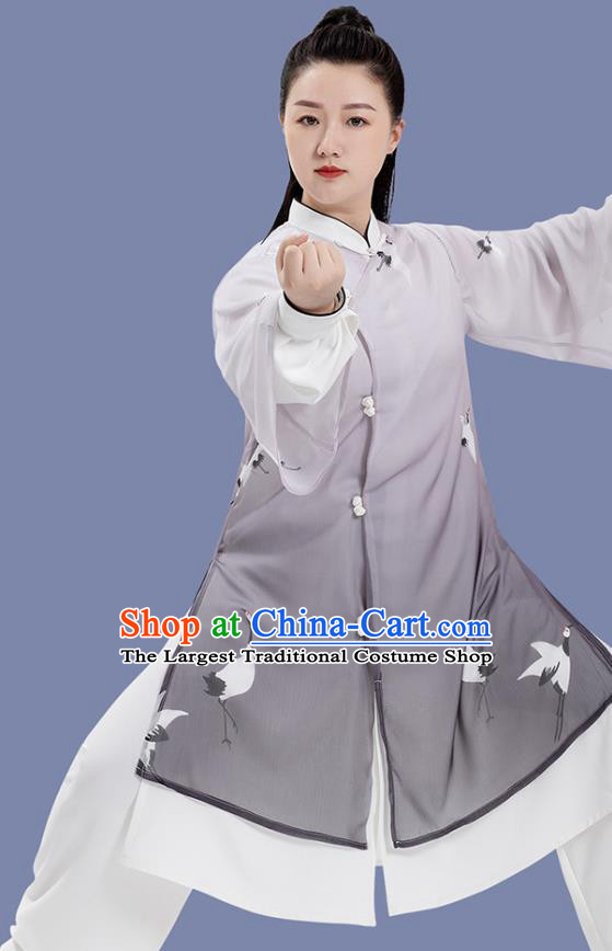 Chinese Martial Arts Hand Painting Cranes Grey Outfits Woman Tai Chi Competition Clothing Tai Ji Training Garment Costumes