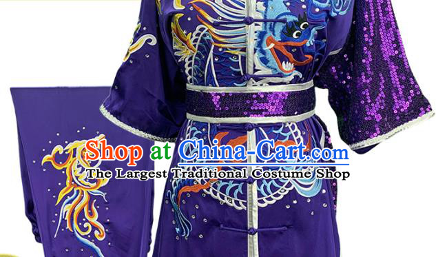 Top China Kung Fu Embroidered Dragon Purple Uniforms Wushu Performance Garment Costumes Martial Arts Competition Clothing
