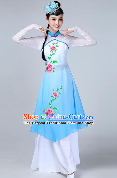 Top Chinese Woman Umbrella Dance Garment Costume Traditional Court Stage Performance Clothing Classical Dance Blue Dress
