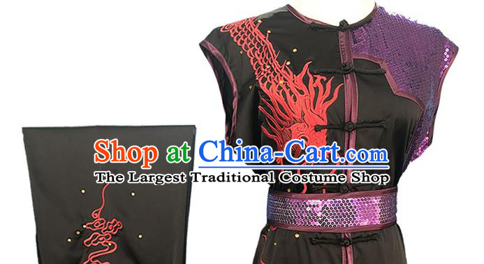 Top Chinese Traditional Martial Arts Competition Clothing Wushu Performance Embroidered Dragon Black Outfits Kung Fu Garment Costume