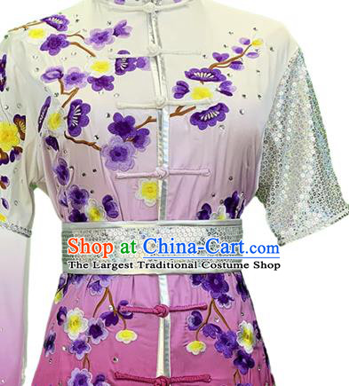 China Woman Kung Fu Clothing Martial Arts Embroidered Plum Gradient Rosy Uniforms Wushu Competition Garment Costume