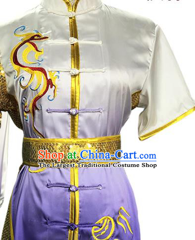 China Woman Kung Fu Clothing Martial Arts Embroidered Dragon Gradient Purple Uniforms Wushu Competition Garment Costume