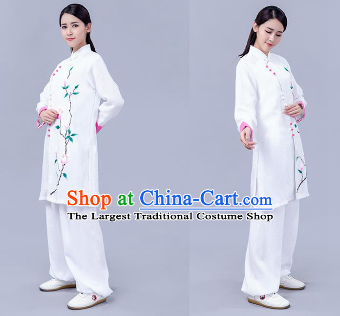 Chinese Martial Arts Tai Ji Training Garments Shadowboxing Competition White Outfits Woman Tai Chi Chuan Painting Mangnolia Clothing