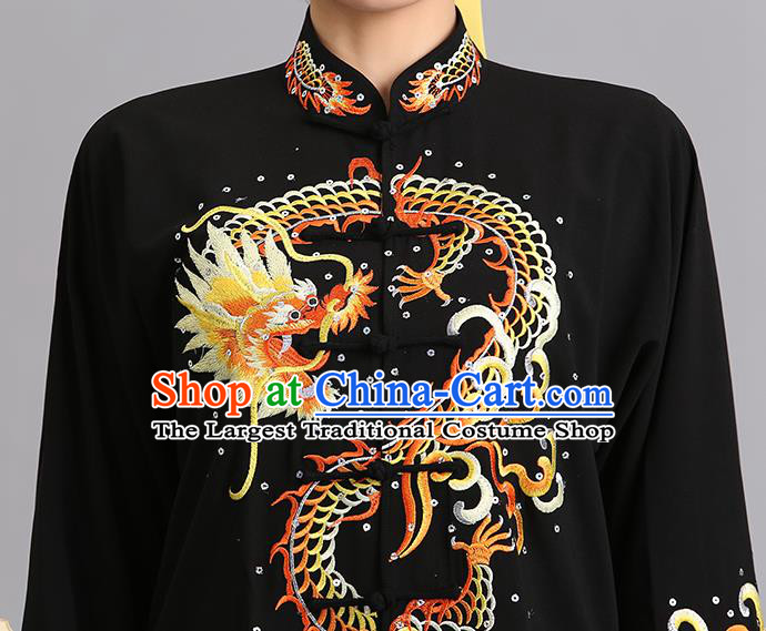 Chinese Tai Ji Competition Black Outfits Kung Fu Tai Chi Training Clothing Martial Arts Embroidered Dragon Garments