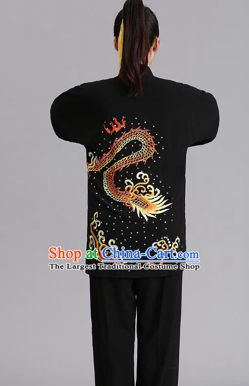 Chinese Tai Ji Competition Black Outfits Kung Fu Tai Chi Training Clothing Martial Arts Embroidered Dragon Garments