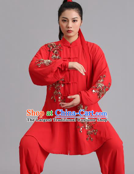 Chinese Martial Arts Embroidered Sequins Red Garments Tai Ji Competition Outfits Kung Fu Tai Chi Training Clothing