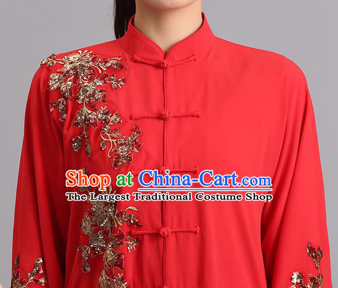 Chinese Martial Arts Embroidered Sequins Red Garments Tai Ji Competition Outfits Kung Fu Tai Chi Training Clothing