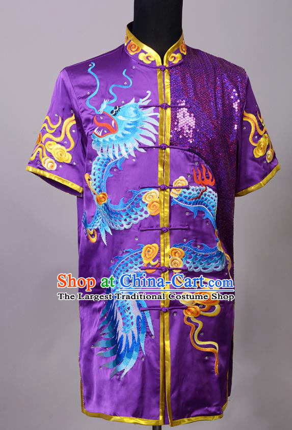 Top China Kung Fu Embroidered Apparels Cudgel Play Performance Garment Costumes Southern Boxing Purple Uniforms Martial Arts Competition Clothing