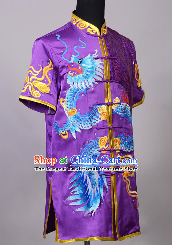 Top China Kung Fu Embroidered Apparels Cudgel Play Performance Garment Costumes Southern Boxing Purple Uniforms Martial Arts Competition Clothing