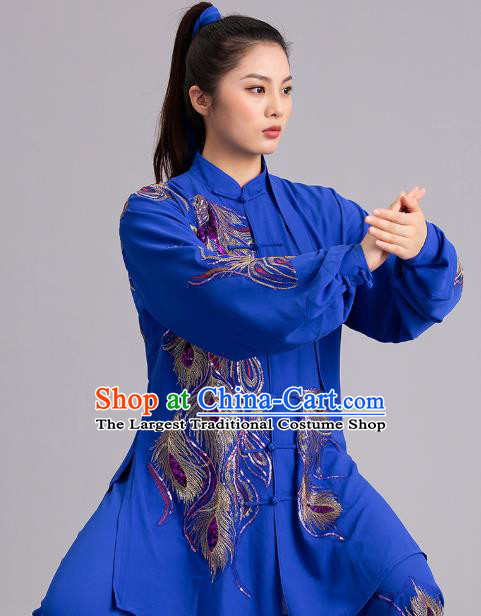 Chinese Kung Fu Tai Chi Performance Clothing Martial Arts Embroidered Sequins Peacock Royalblue Garments Tai Ji Competition Outfits