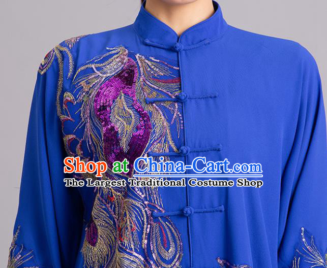 Chinese Kung Fu Tai Chi Performance Clothing Martial Arts Embroidered Sequins Peacock Royalblue Garments Tai Ji Competition Outfits