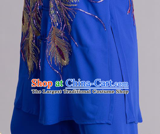 Chinese Kung Fu Tai Chi Performance Clothing Martial Arts Embroidered Sequins Peacock Royalblue Garments Tai Ji Competition Outfits