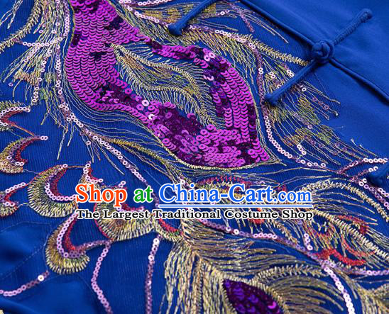 Chinese Kung Fu Tai Chi Performance Clothing Martial Arts Embroidered Sequins Peacock Royalblue Garments Tai Ji Competition Outfits