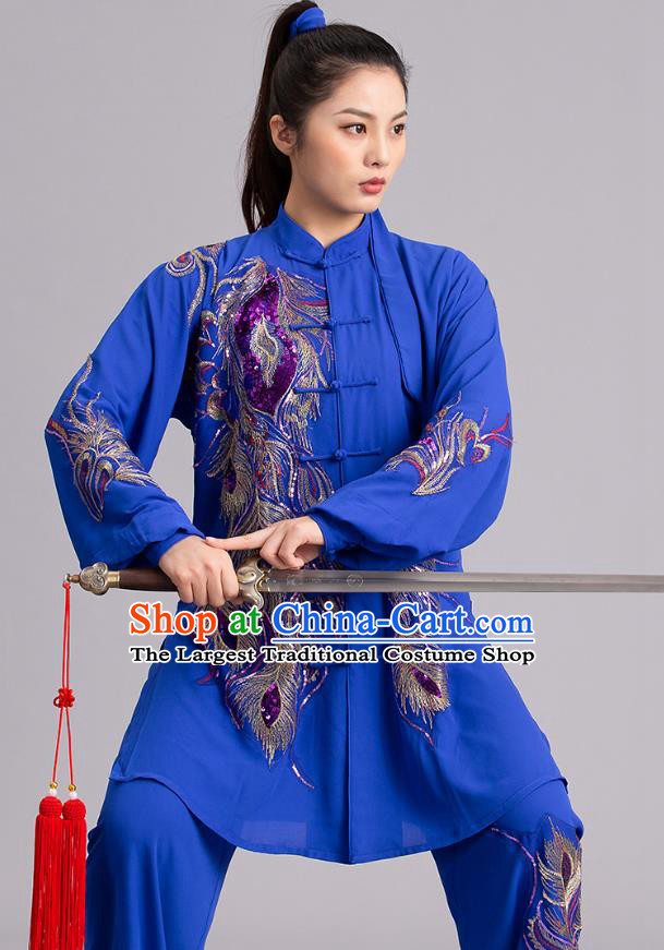 Chinese Kung Fu Tai Chi Performance Clothing Martial Arts Embroidered Sequins Peacock Royalblue Garments Tai Ji Competition Outfits