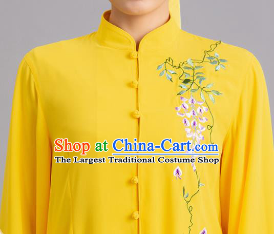 Chinese Kung Fu Tai Chi Performance Clothing Martial Arts Garments Tai Ji Competition Printing Wisteria Yellow Outfits