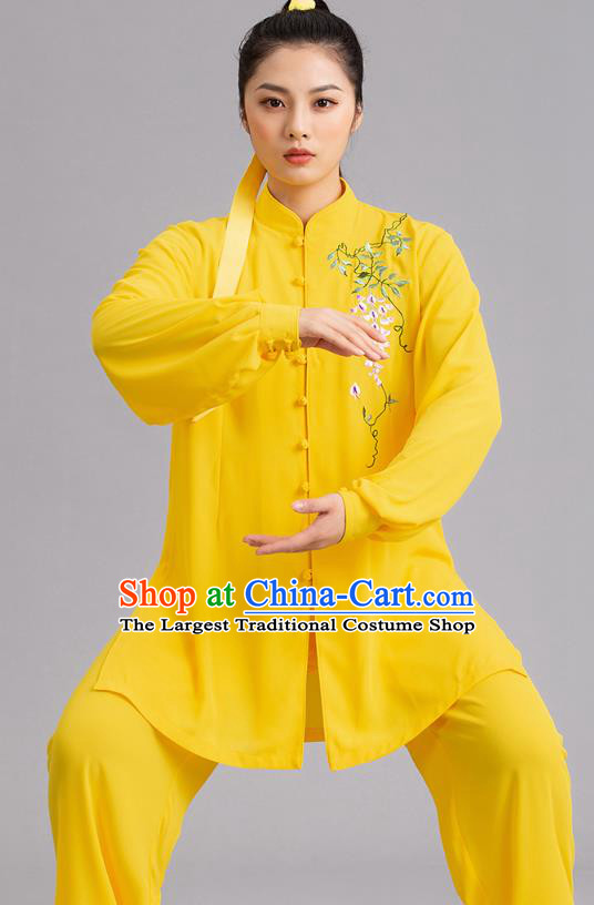 Chinese Kung Fu Tai Chi Performance Clothing Martial Arts Garments Tai Ji Competition Printing Wisteria Yellow Outfits