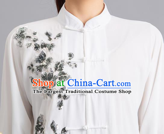Chinese Tai Ji Competition Embroidered Sequins White Outfits Kung Fu Tai Chi Performance Clothing Martial Arts Garments