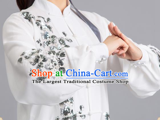 Chinese Tai Ji Competition Embroidered Sequins White Outfits Kung Fu Tai Chi Performance Clothing Martial Arts Garments