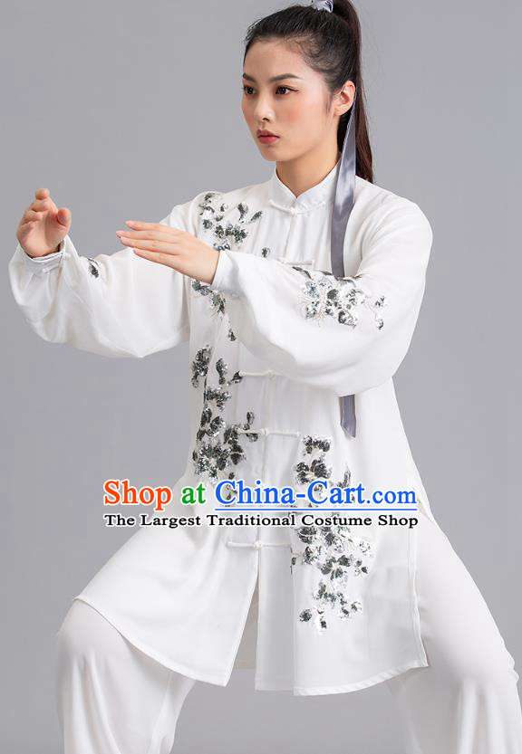 Chinese Tai Ji Competition Embroidered Sequins White Outfits Kung Fu Tai Chi Performance Clothing Martial Arts Garments