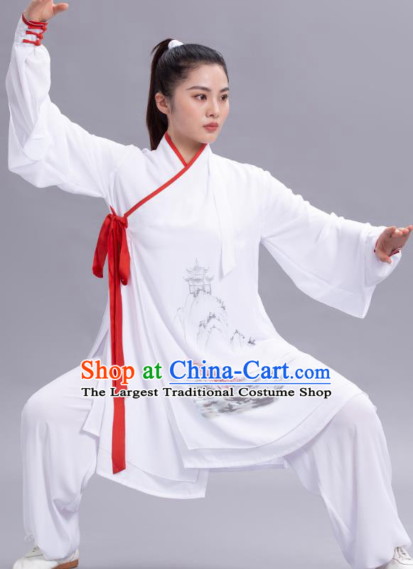 Chinese Tai Ji Chuan Ink Painting White Outfits Tai Chi Kung Fu Competition Clothing Martial Arts Performance Garments