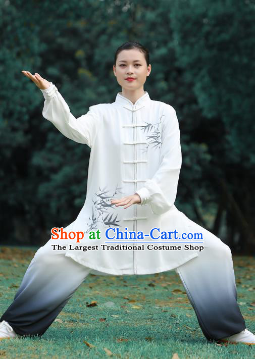 Chinese Tai Chi Performance Clothing Martial Arts Kungfu Competition Garments Tai Ji Chuan Printing Bamboo White Outfits