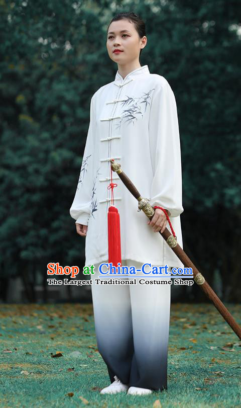 Chinese Tai Chi Performance Clothing Martial Arts Kungfu Competition Garments Tai Ji Chuan Printing Bamboo White Outfits
