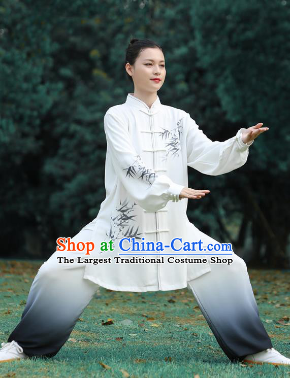 Chinese Tai Chi Performance Clothing Martial Arts Kungfu Competition Garments Tai Ji Chuan Printing Bamboo White Outfits