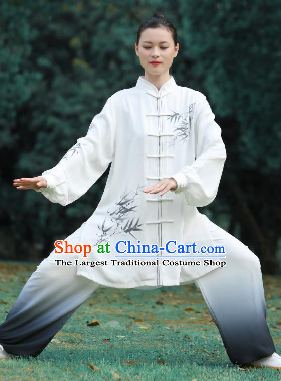 Chinese Tai Chi Performance Clothing Martial Arts Kungfu Competition Garments Tai Ji Chuan Printing Bamboo White Outfits
