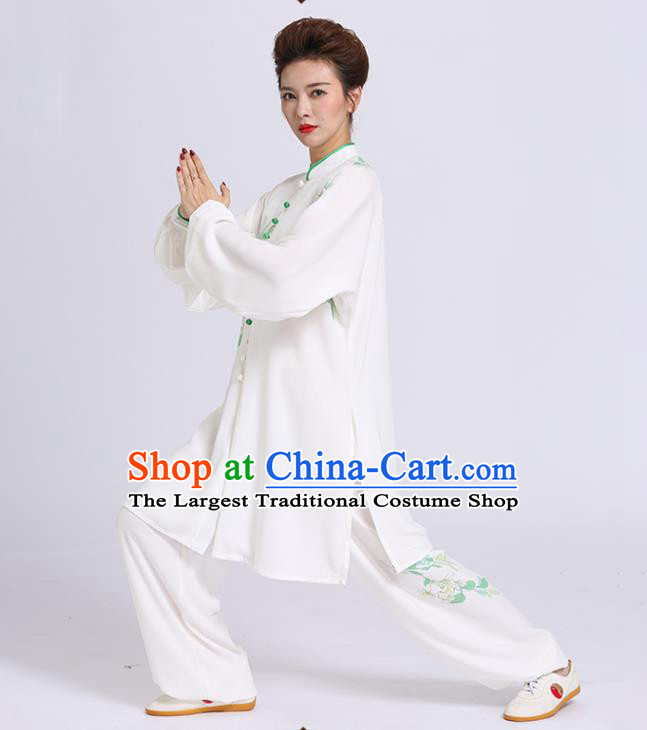 Chinese Martial Arts Printing Flowers White Outfits Kung Fu Tai Ji Competition Clothing Tai Chi Sword Performance Suits