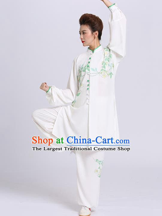 Chinese Martial Arts Printing Flowers White Outfits Kung Fu Tai Ji Competition Clothing Tai Chi Sword Performance Suits