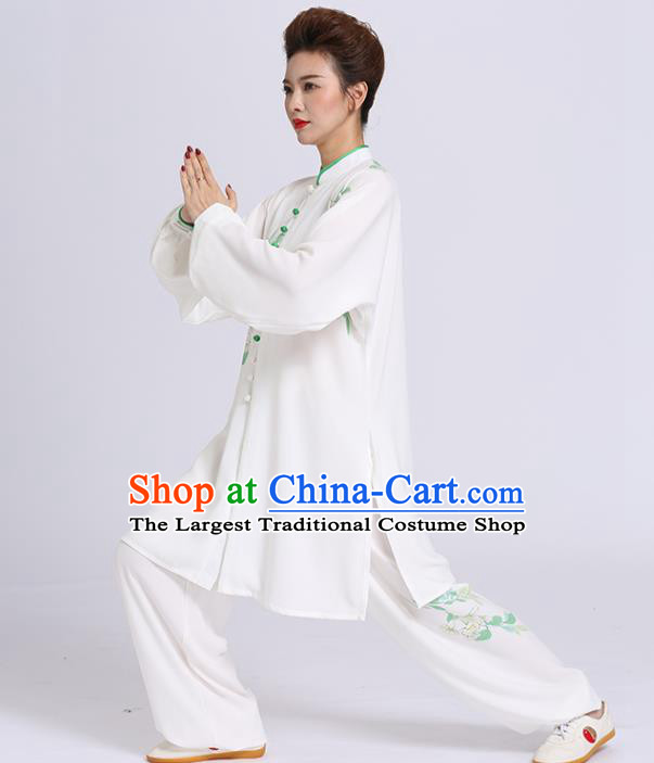 Chinese Martial Arts Printing Flowers White Outfits Kung Fu Tai Ji Competition Clothing Tai Chi Sword Performance Suits