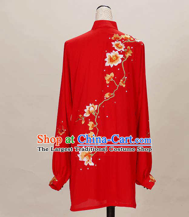 Chinese Kung Fu Wushu Competition Clothing Tai Chi Performance Red Suits Martial Arts Embroidered Mangnolia Outfits