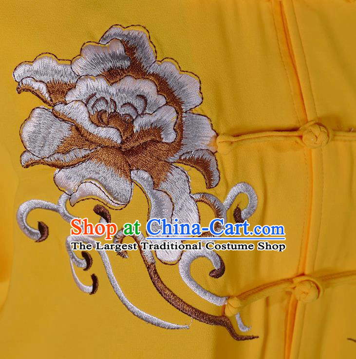 Chinese Tai Chi Performance Yellow Suits Martial Arts Embroidered Peony Outfits Kung Fu Wushu Competition Clothing